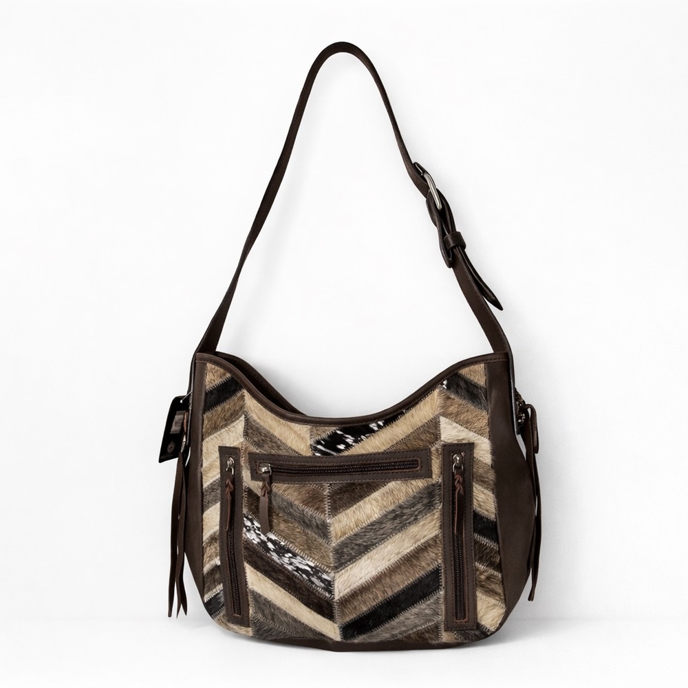 Angel Ranch Chevron Striped Shoulder Bag in Brown and Tan Ponyhair NWT Leather